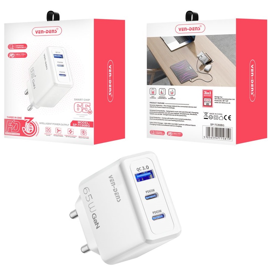 GaN Fast Charger with 3-Port Output - 65W - White