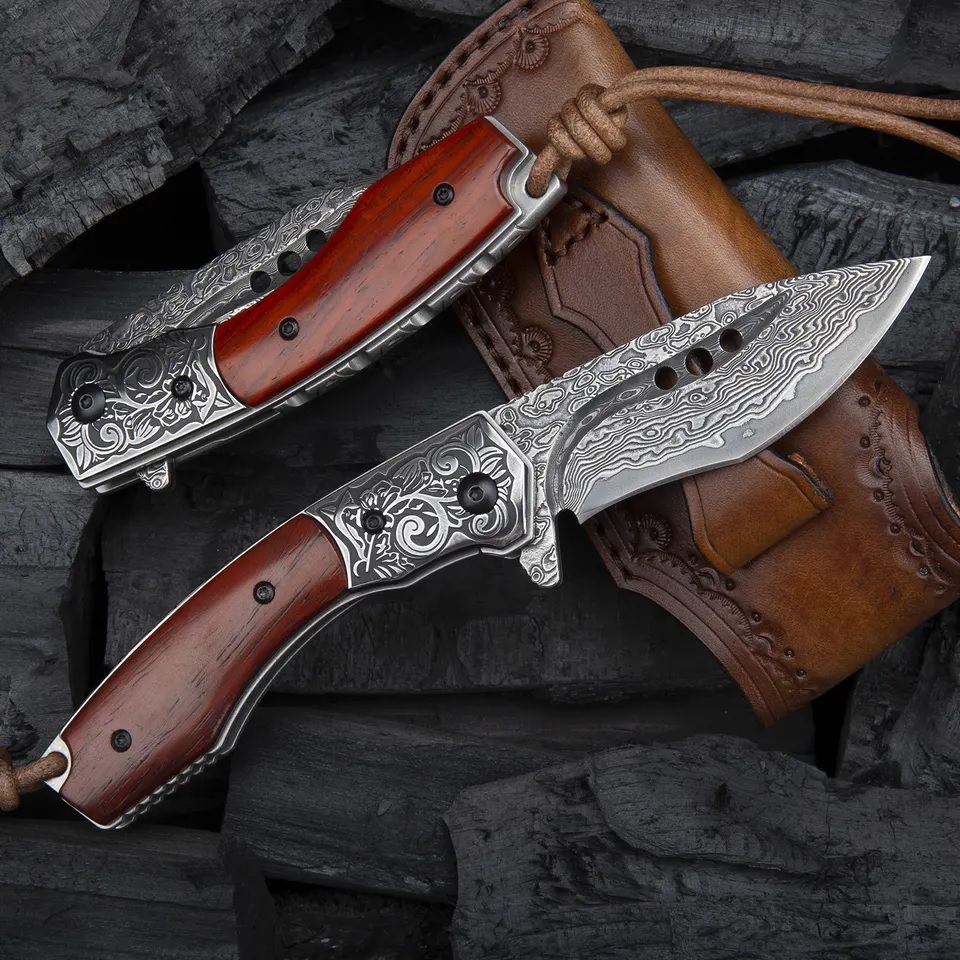 Damascus HARAHU OS-26654 hunting Folding Knife - Brown