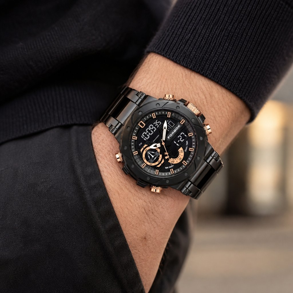 FOXBOX TE-34990 Watch - Black / Gold / Pink